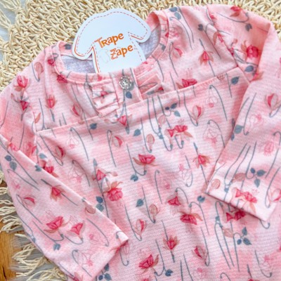 Conj. Body Manga Longa Floral e Calça com Cinto - Rosa e Pêssego 